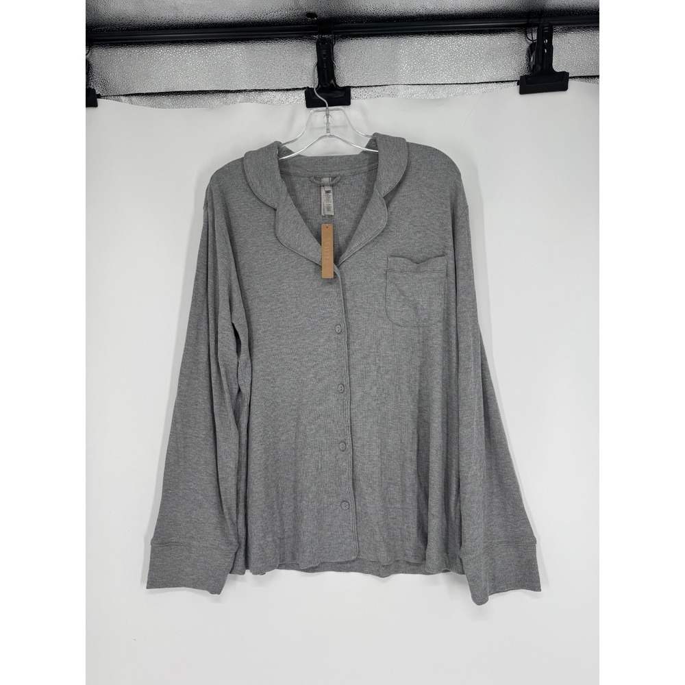 SKIMS Sleep Pajama Shirt Top Large Light Heather Ribbed Long Sleeve Button‎ Up
